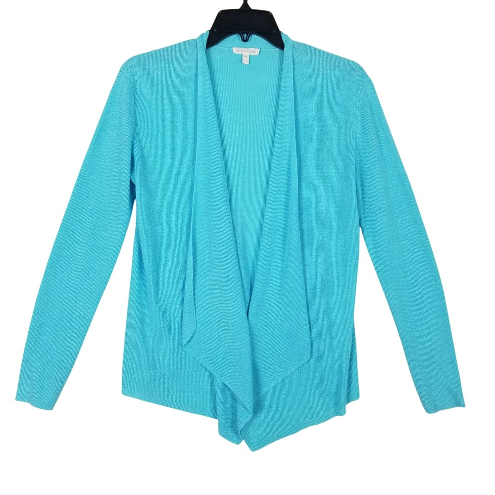 Eileen Fisher Cardigan Womens Small Turquoise Organic Linen Open Front Waterfall